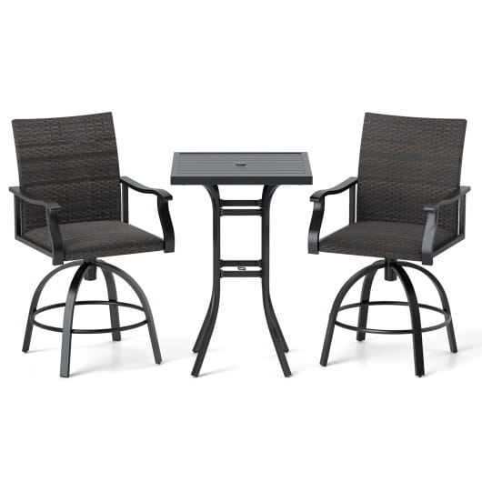 3 Pieces PE Wicker Patio Swivel Bar Set with Quick-Drying Foam-Black - Color: Black