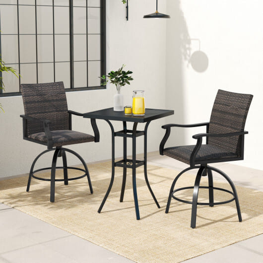 3 Pieces PE Wicker Patio Swivel Bar Set with Quick-Drying Foam-Black - Color: Black