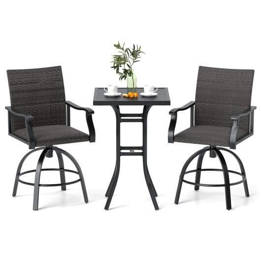 3 Pieces PE Wicker Patio Swivel Bar Set with Quick-Drying Foam-Black - Color: Black