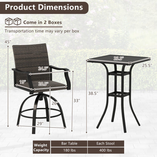 3 Pieces PE Wicker Patio Swivel Bar Set with Quick-Drying Foam-Black - Color: Black