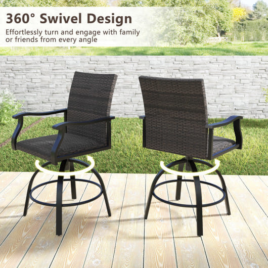 3 Pieces PE Wicker Patio Swivel Bar Set with Quick-Drying Foam-Black - Color: Black