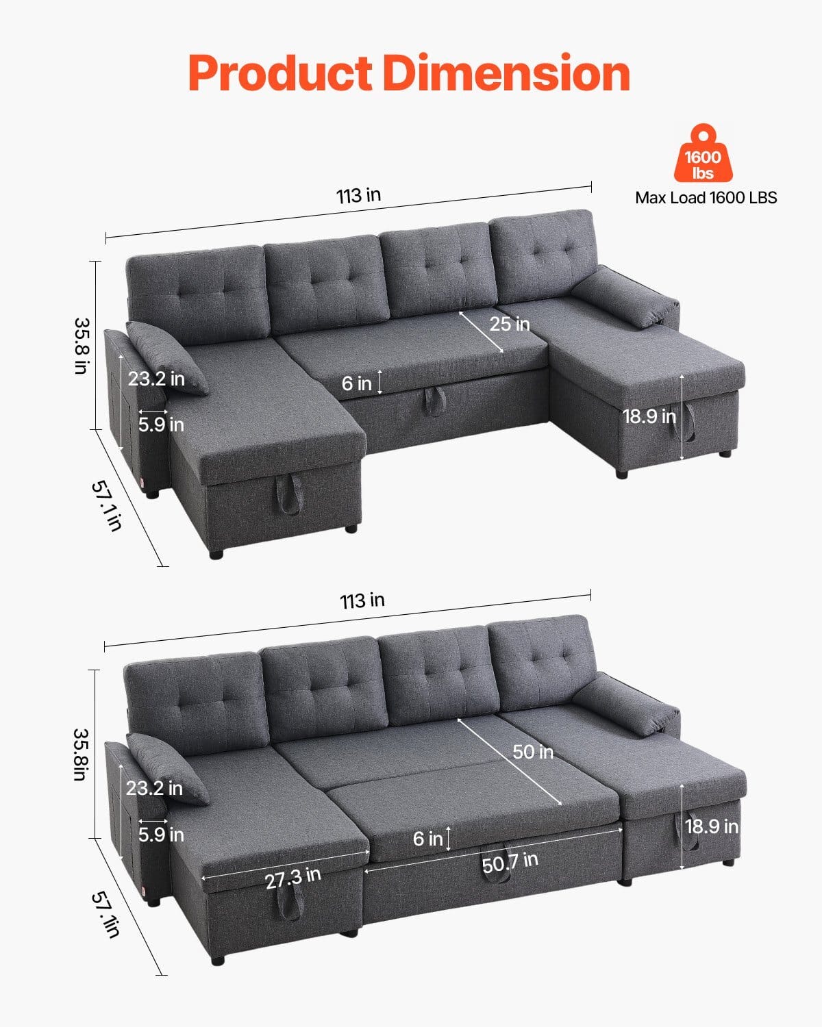 U Shaped Sofa Bed, Convertible Sofa Bed with 2 Side Pockets, 2 Pillows and Double Chaise, 6-Seat Pull Out Sleeper Couch with Large Storage Capacity for Living Room, Apartment, Metal Frame, Gray