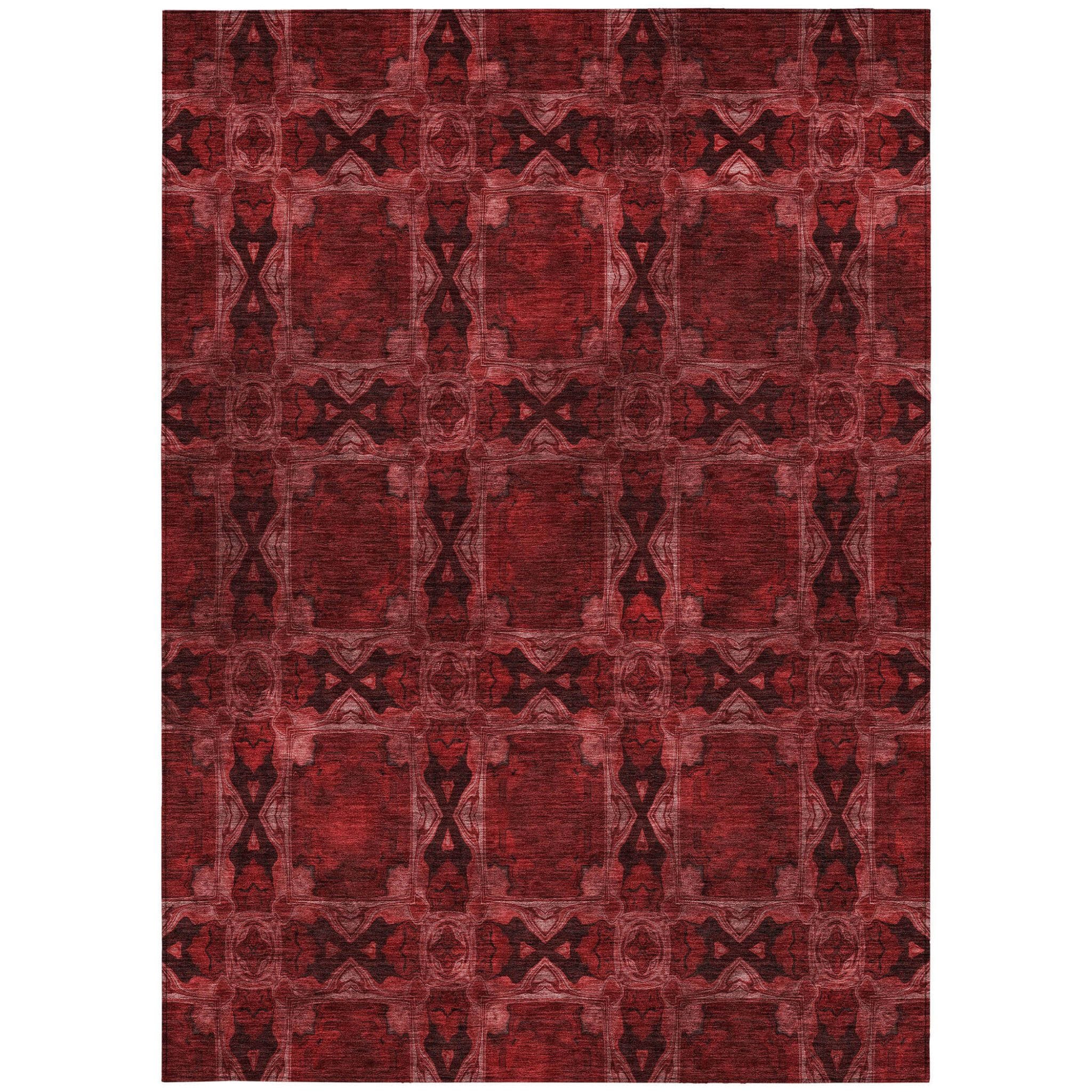 10' X 14' Burgundy and Black Floral Medallion Washable Non Skid Indoor Outdoor Area Rug