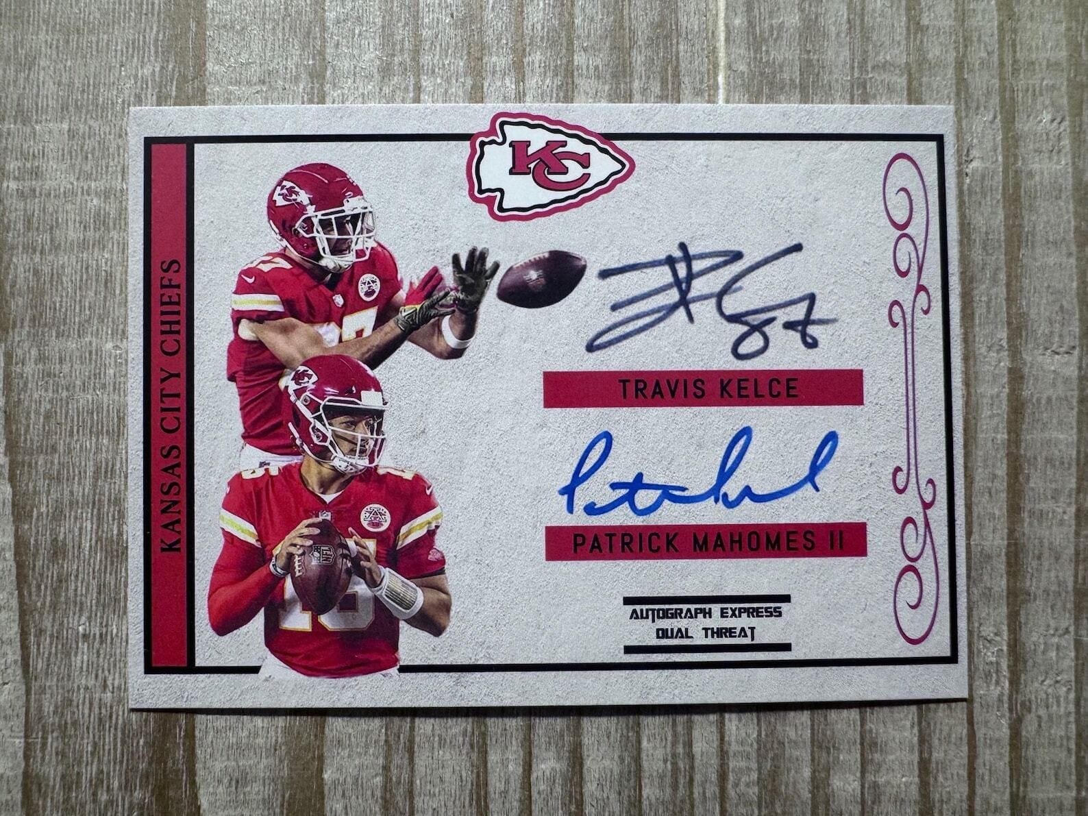 Patrick Mahomes (Rookie) & Travis Kelce 2017 Dual Threat Autograph Facsimile Football Card - Kansas City Chiefs