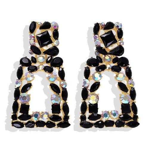Elegant Rhinestone Geometric Design Women Fashion Earrings - Black