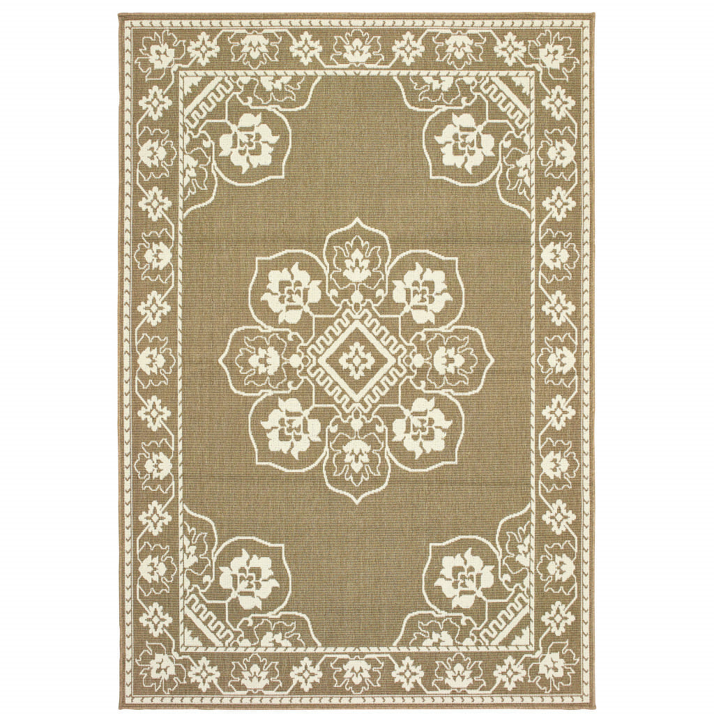 5' X 8' Tan Oriental Stain Resistant Indoor Outdoor Area Rug