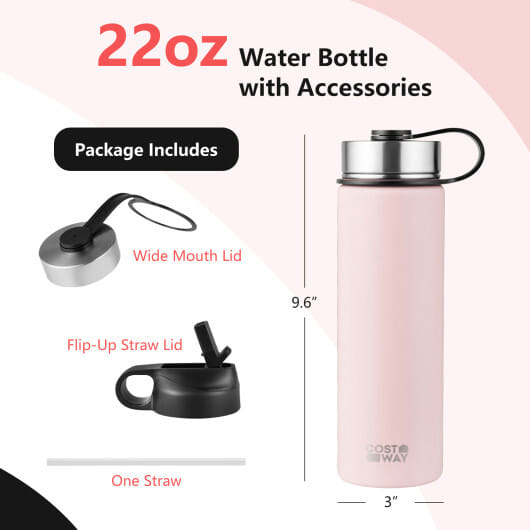 22 Oz Double-walled Insulated Stainless Steel Water Bottle with 2 Lids and Straw-Pink - Color: Pink