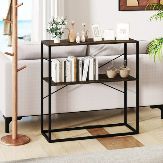 36" Console Table 2-Tier Entryway Table with Wooden Open Shelves and Metal Frame-Rustic Brown - Color: Rustic Brown