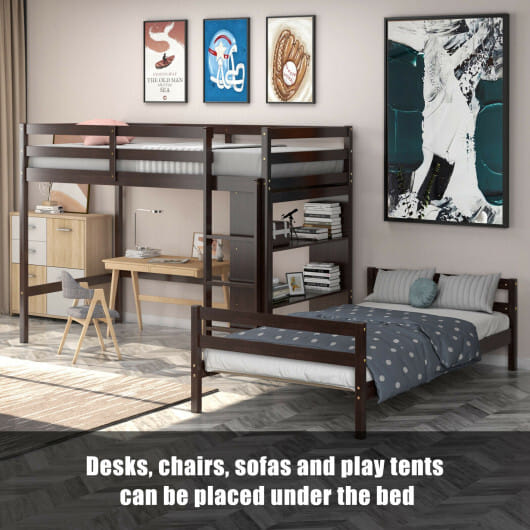 Twin Over Twin Loft Bunk Bed with Bookcase-Dark Brown