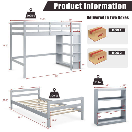 Twin Over Twin Loft Bunk Bed with Bookcase-Dark Brown