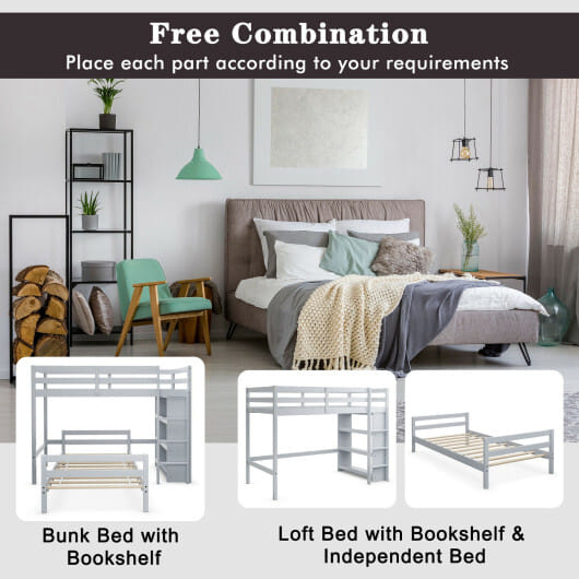 Twin Over Twin Loft Bunk Bed with Bookcase-Dark Brown