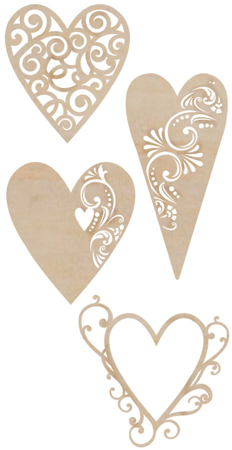 Flourishes Dies Cut Wood Pieces Fancy Hearts
