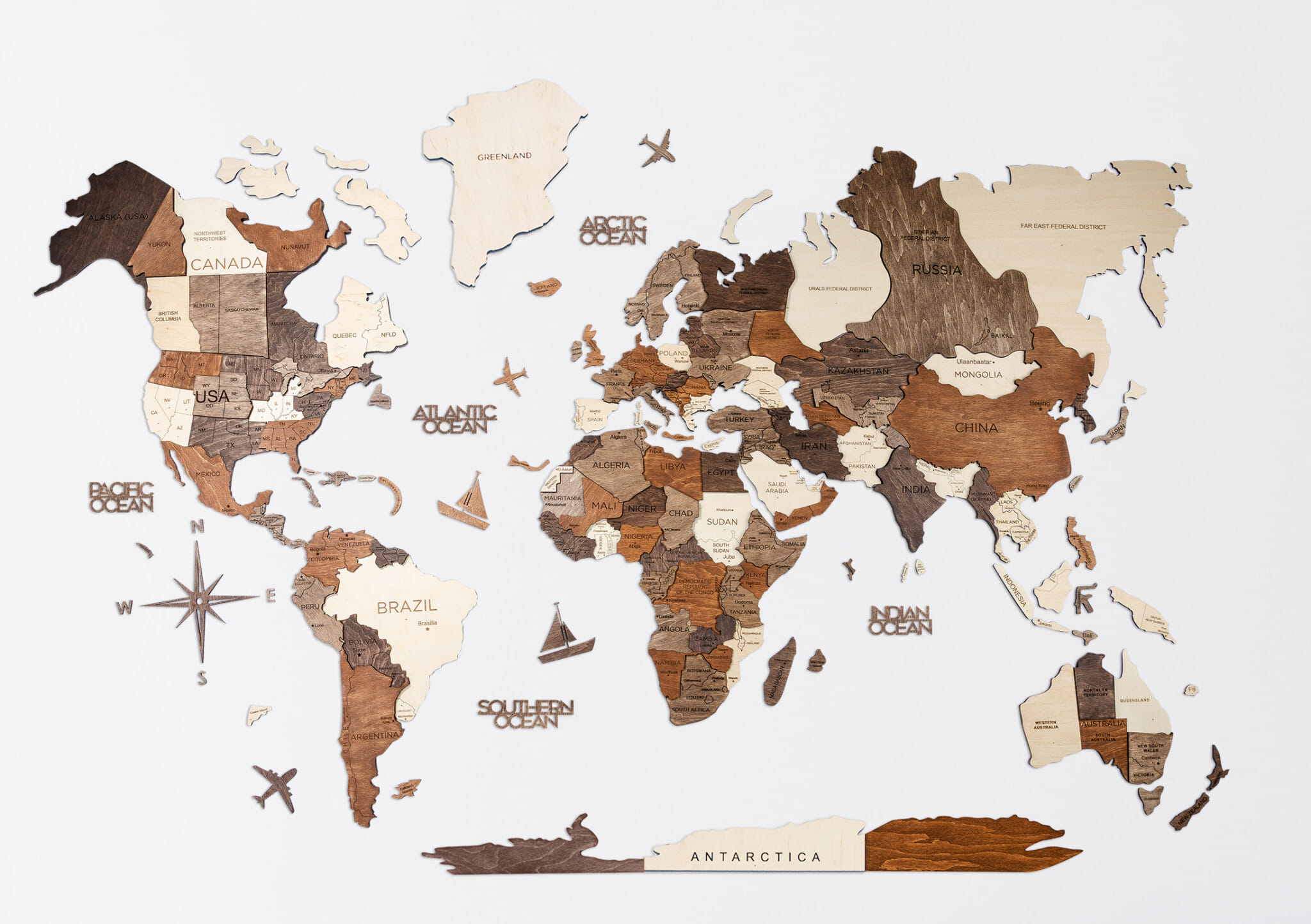 24" X 39" Brown and Beige Wood World Map Hanging Dimensional Sculpture
