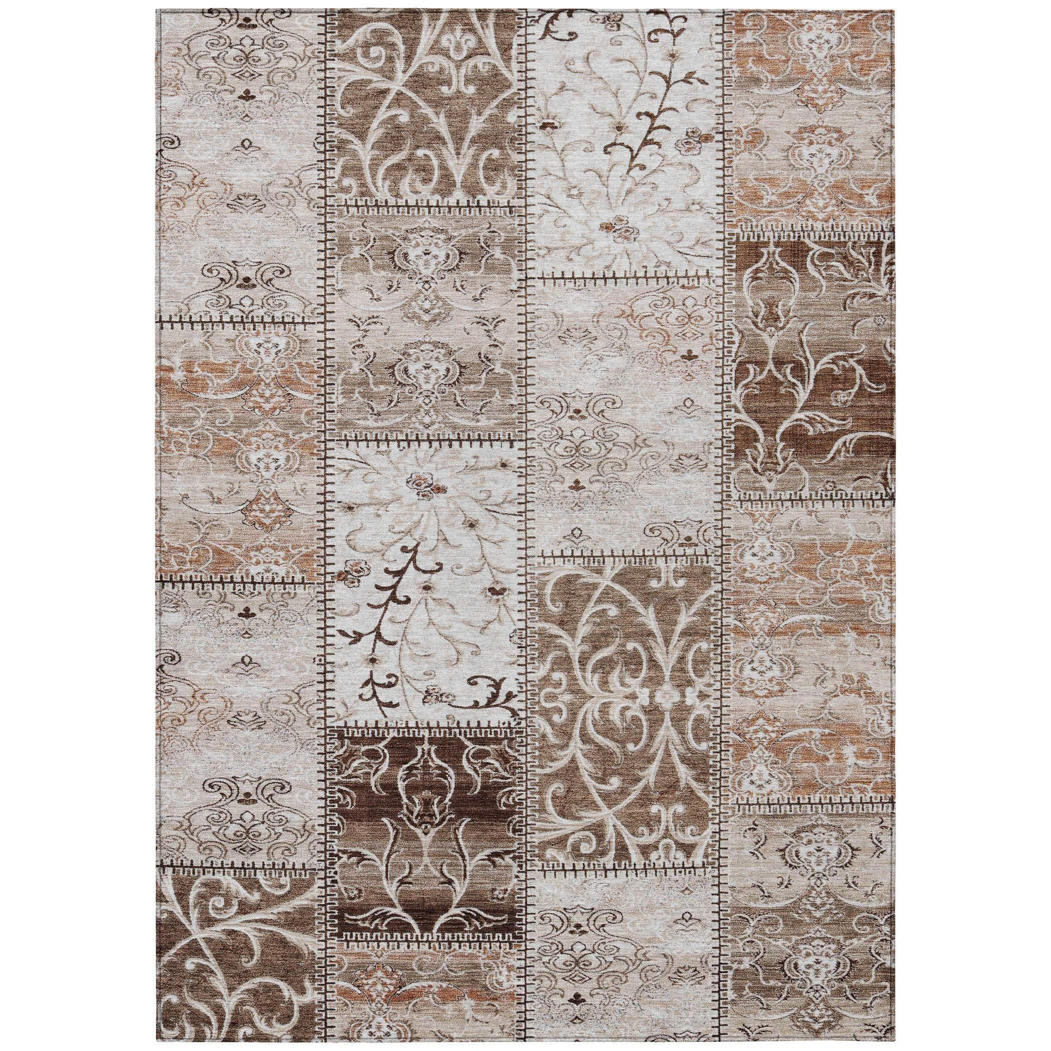 8' X 10' Taupe and Ivory Patchwork Washable Non Skid Indoor Outdoor Area Rug
