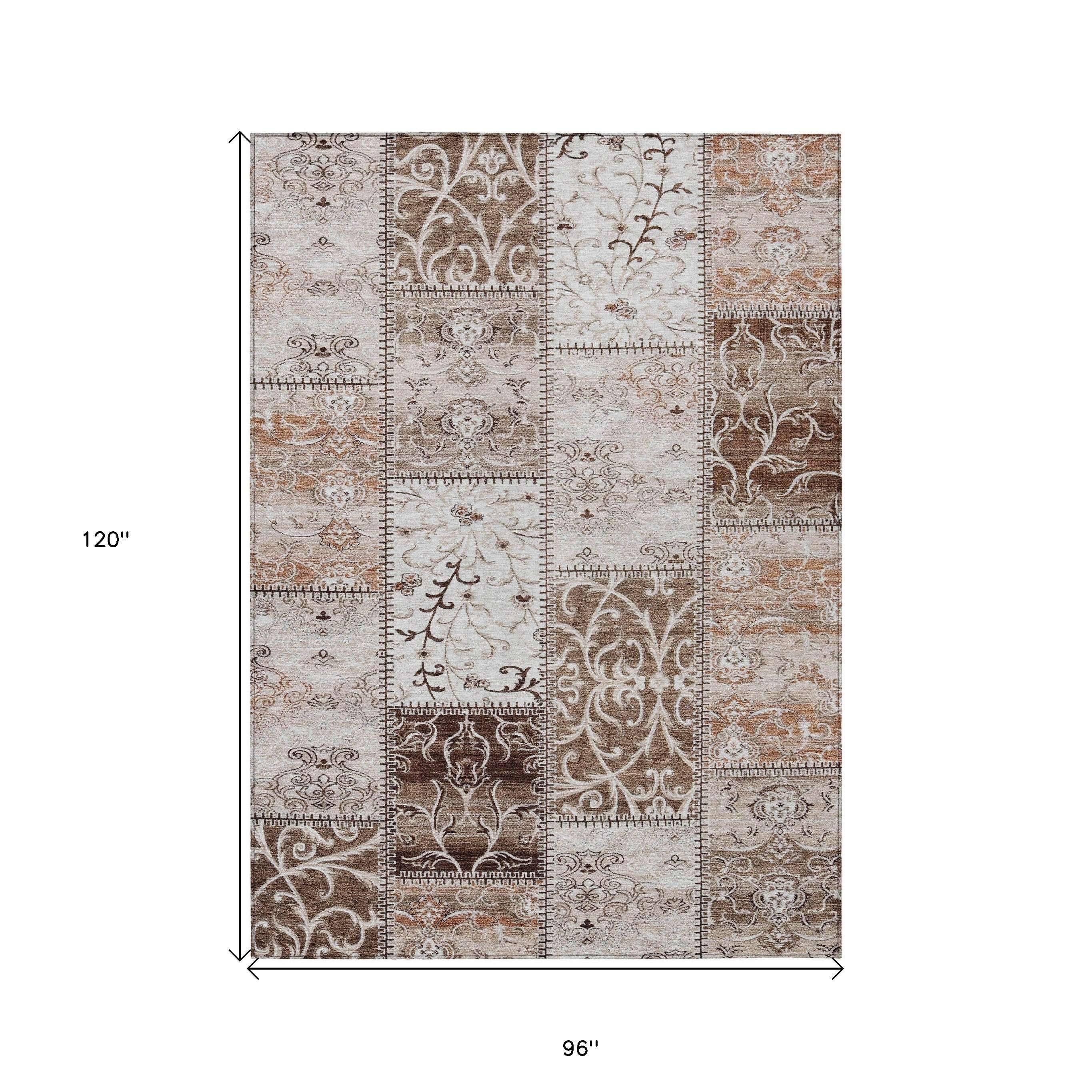 8' X 10' Taupe and Ivory Patchwork Washable Non Skid Indoor Outdoor Area Rug