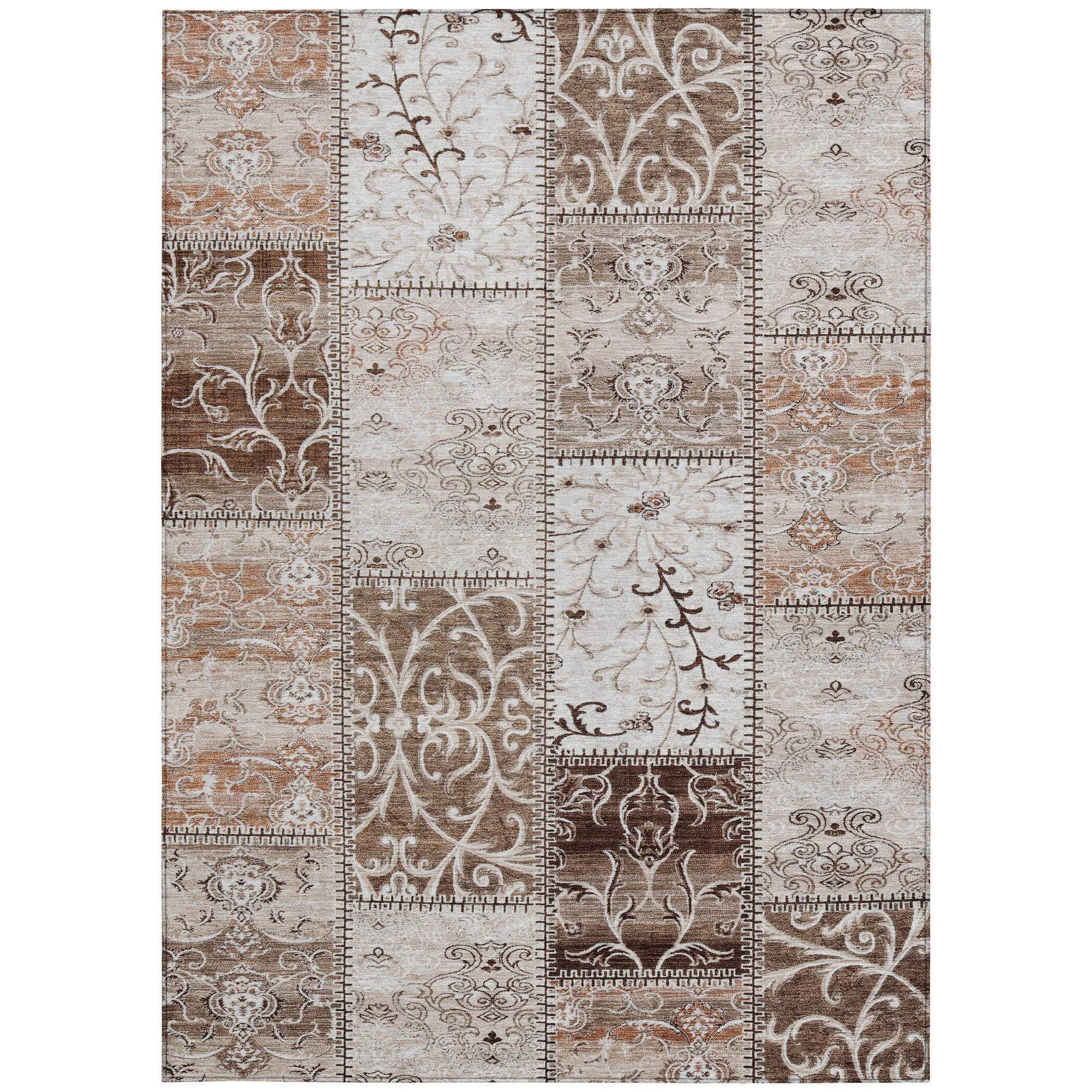 8' X 10' Taupe and Ivory Patchwork Washable Non Skid Indoor Outdoor Area Rug