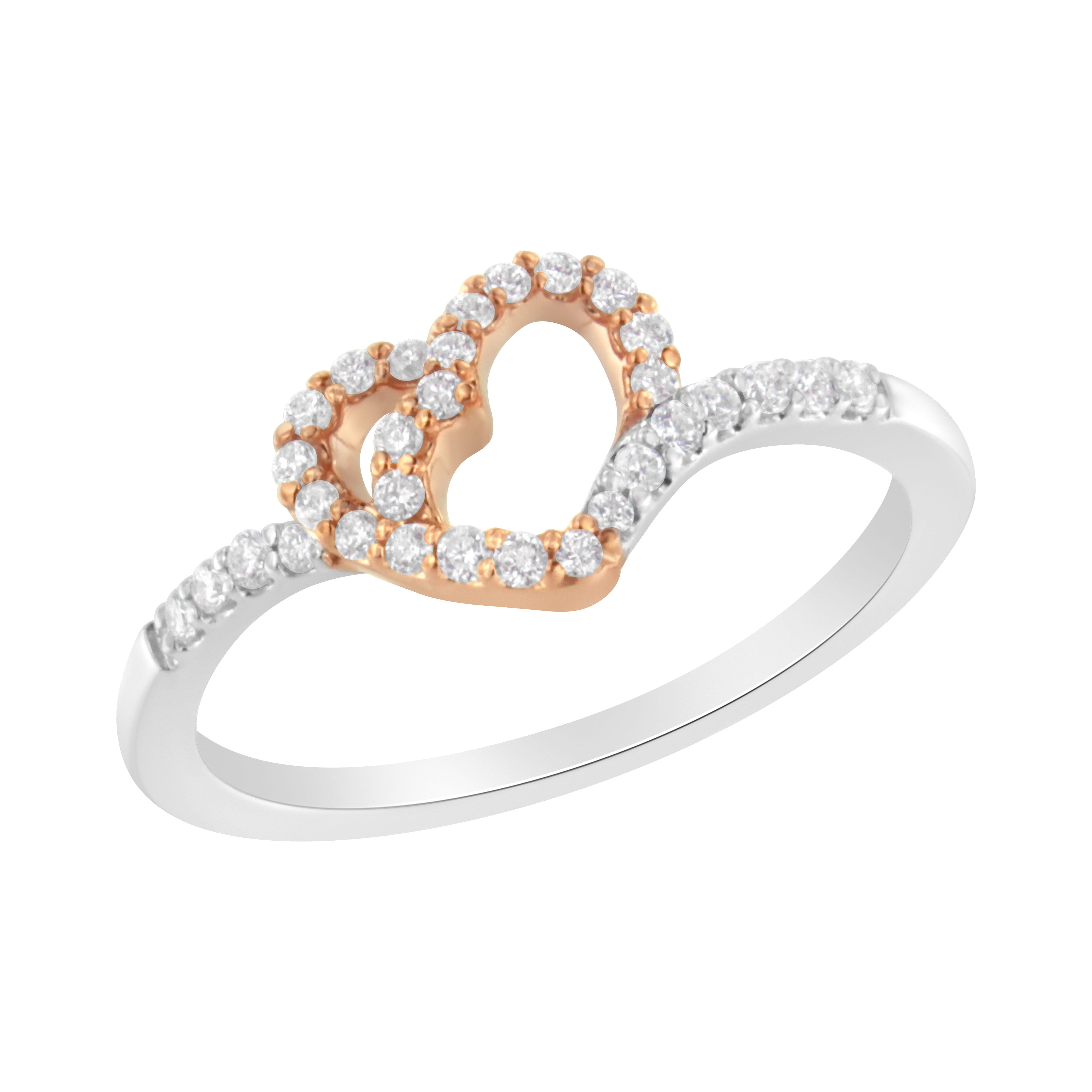 10K Rose Gold over .925 Sterling Silver 1/5 Cttw Diamond Two Tone Open Heart Promise or Fashion Ring (I-J Color, I2-I3 Clarity) - Size 6-1/2