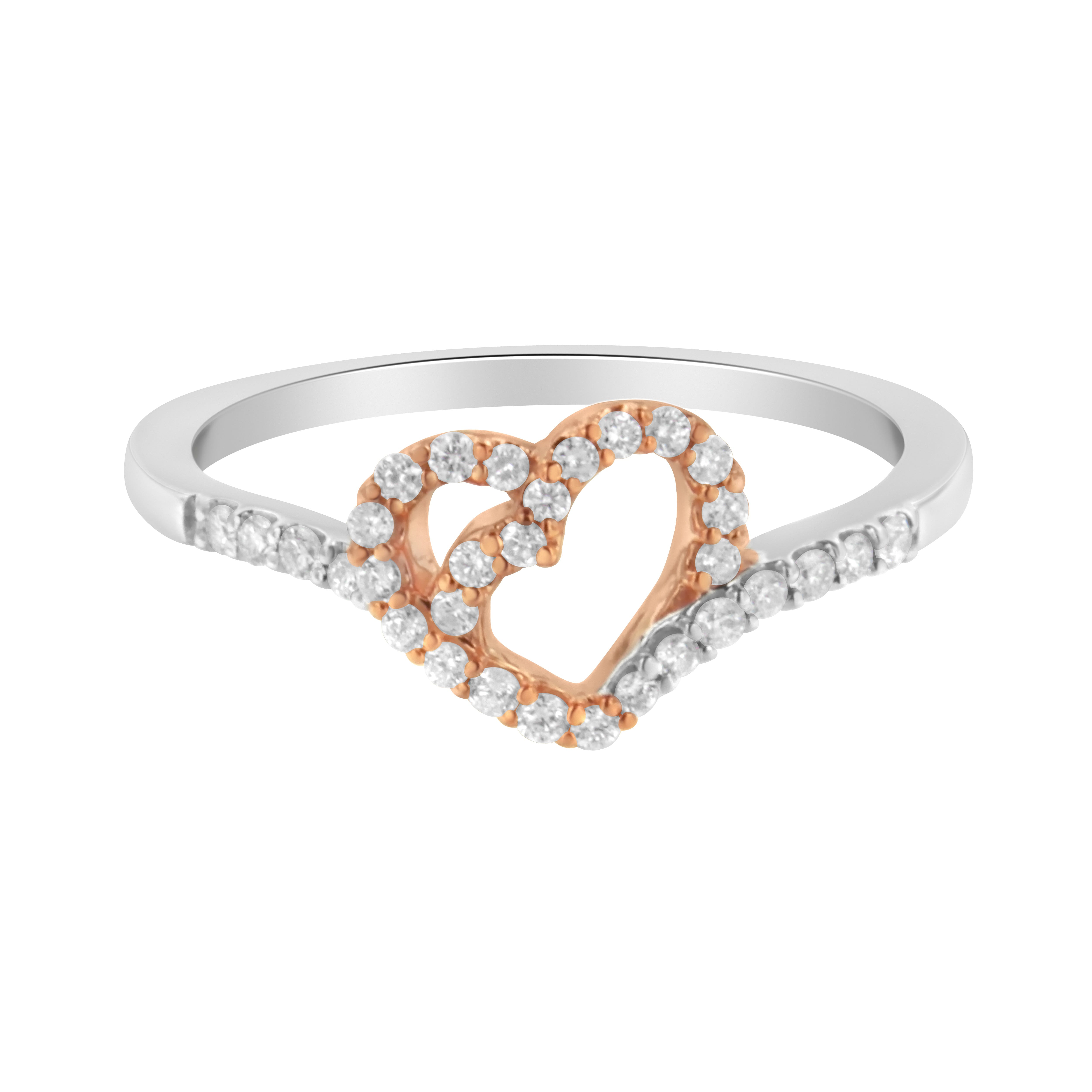 10K Rose Gold over .925 Sterling Silver 1/5 Cttw Diamond Two Tone Open Heart Promise or Fashion Ring (I-J Color, I2-I3 Clarity) - Size 6-1/2