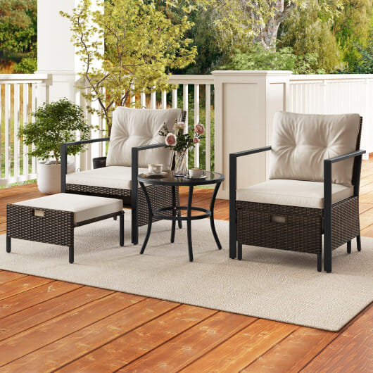 4 Piece Outdoor Furniture Set with Glass Topped Coffee Table-White - Color: White