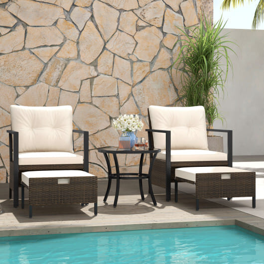 4 Piece Outdoor Furniture Set with Glass Topped Coffee Table-White - Color: White