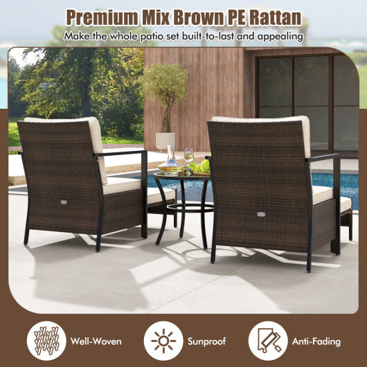 4 Piece Outdoor Furniture Set with Glass Topped Coffee Table-White - Color: White
