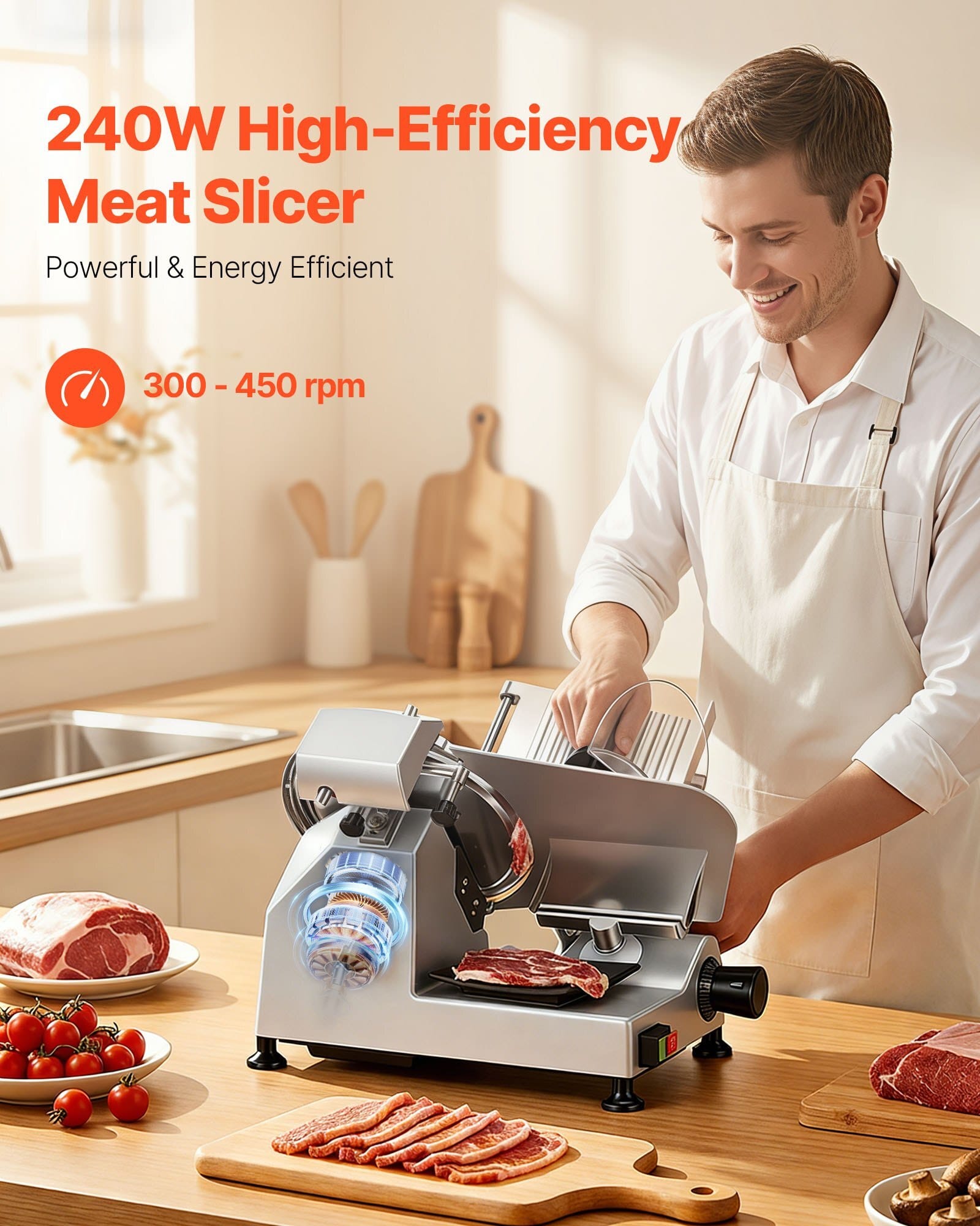 10" Commercial Meat Slicer, 240W Electric Deli Food Slicer with Carbon Steel Blade, Built-In Sharpener & 0-0.47" Adjustable Thickness for Frozen Meat, Ham, Baguett, Steak, UL Approved