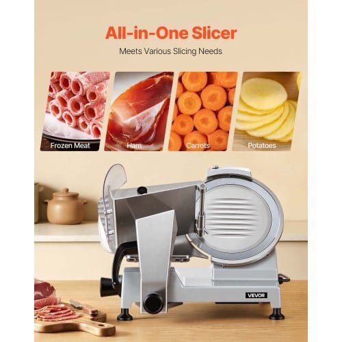 10" Commercial Meat Slicer, 240W Electric Deli Food Slicer with Carbon Steel Blade, Built-In Sharpener & 0-0.47" Adjustable Thickness for Frozen Meat, Ham, Baguett, Steak, UL Approved