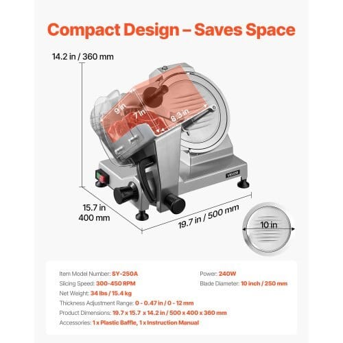10" Commercial Meat Slicer, 240W Electric Deli Food Slicer with Carbon Steel Blade, Built-In Sharpener & 0-0.47" Adjustable Thickness for Frozen Meat, Ham, Baguett, Steak, UL Approved
