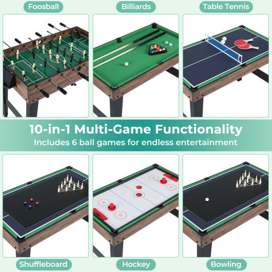 10-in-1 Combo Game Table Set 50inch Multi-Game Table with Foosball-Brown - Color: Brown