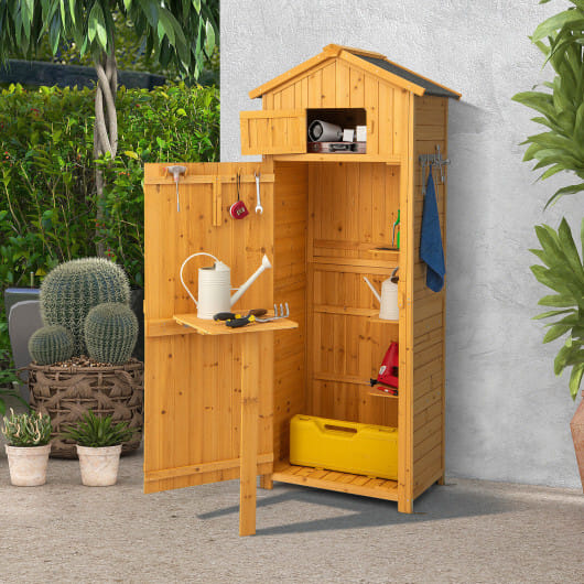 70 Inch Tall Garden Tool Storage Cabinet with Lockable Doors and Foldable Table-Grey