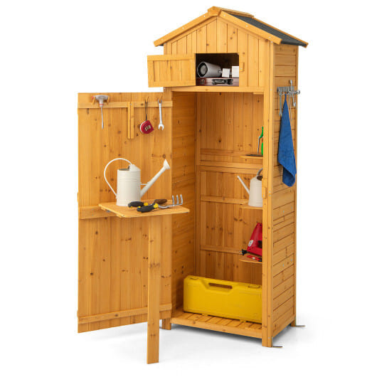 70 Inch Tall Garden Tool Storage Cabinet with Lockable Doors and Foldable Table-Grey