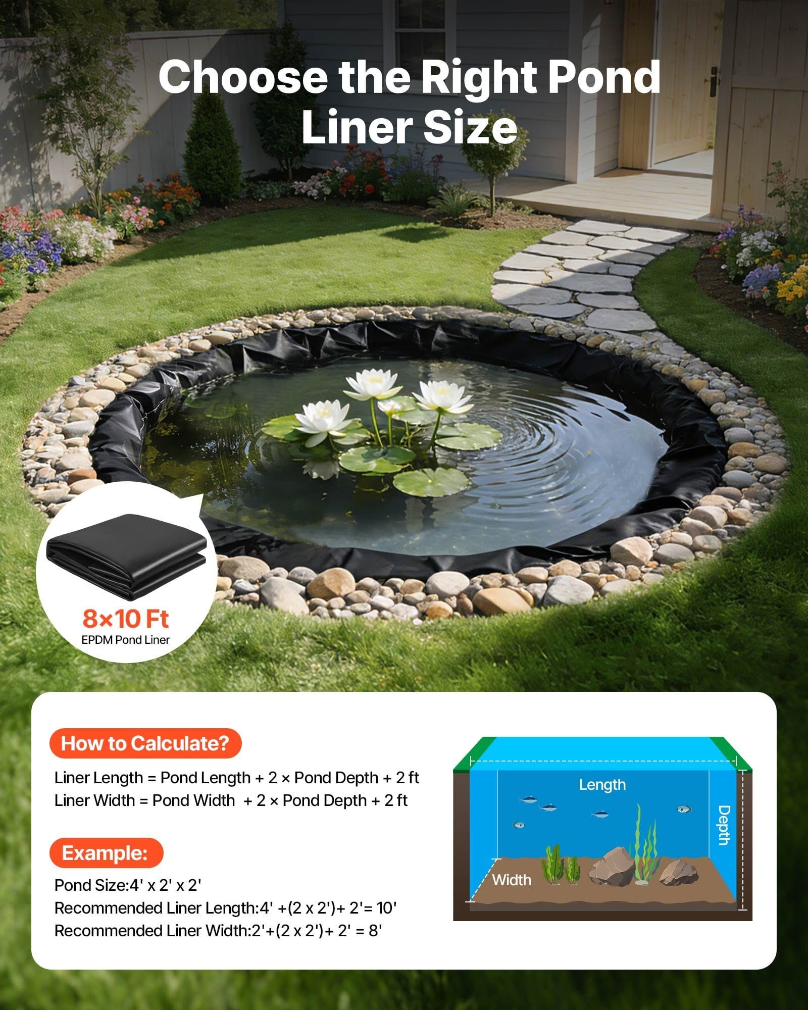 8 x 10 ft Pond Liner, 45 Mil Thickness, EPDM Rubber Material Fish Pond Liner for Outdoor Ponds, Easy to Cut, Durable & Leakproof, for Water Garden, Waterfall, Fishpond, Koi, Fountains, Black