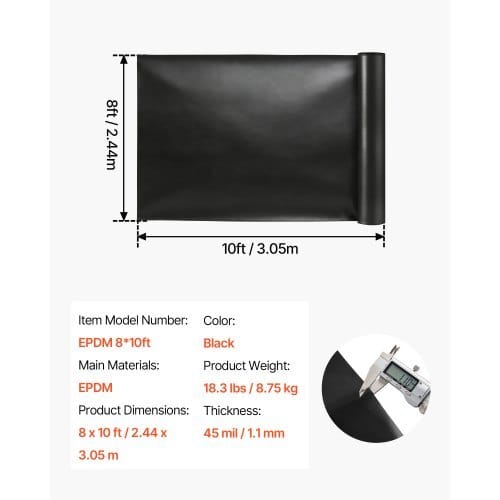 8 x 10 ft Pond Liner, 45 Mil Thickness, EPDM Rubber Material Fish Pond Liner for Outdoor Ponds, Easy to Cut, Durable & Leakproof, for Water Garden, Waterfall, Fishpond, Koi, Fountains, Black