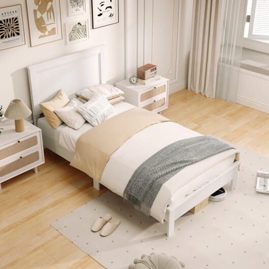 Twin Size Wooden Bed Frame with Headboard and Slat Support-White - Color: White - Size: Twin Size
