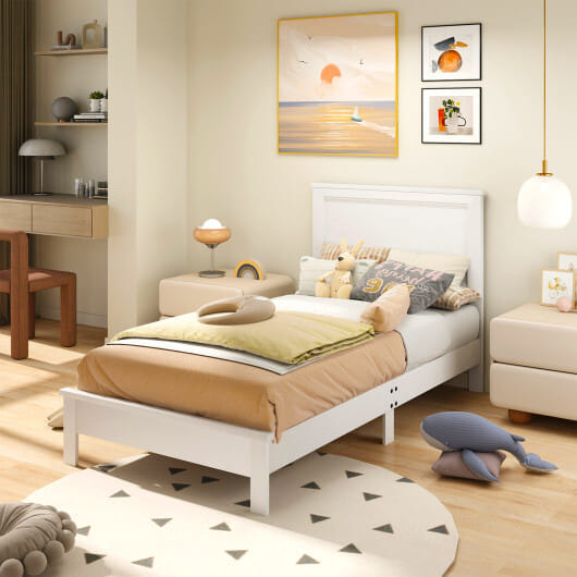 Twin Size Wooden Bed Frame with Headboard and Slat Support-White - Color: White - Size: Twin Size