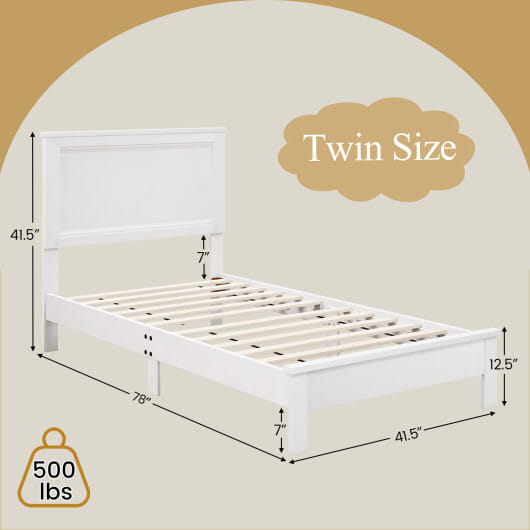 Twin Size Wooden Bed Frame with Headboard and Slat Support-White - Color: White - Size: Twin Size