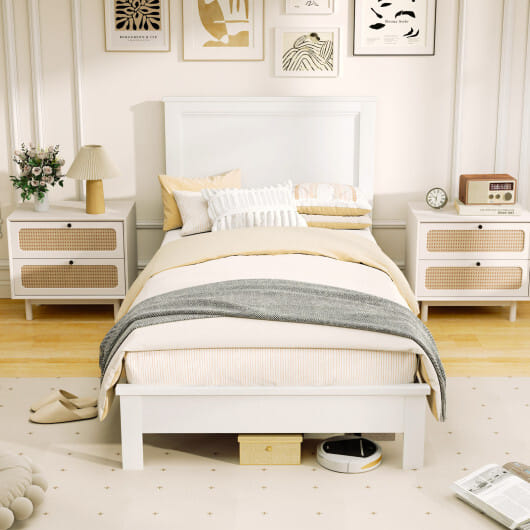 Twin Size Wooden Bed Frame with Headboard and Slat Support-White - Color: White - Size: Twin Size