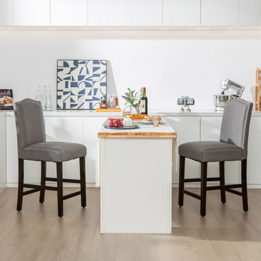 Costway 2 Pcs Fabric Nail Head Counter Height Dining Side Chairs Set-Gray