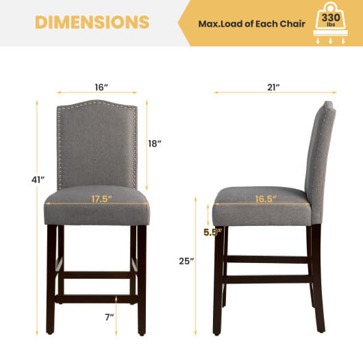 Costway 2 Pcs Fabric Nail Head Counter Height Dining Side Chairs Set-Gray