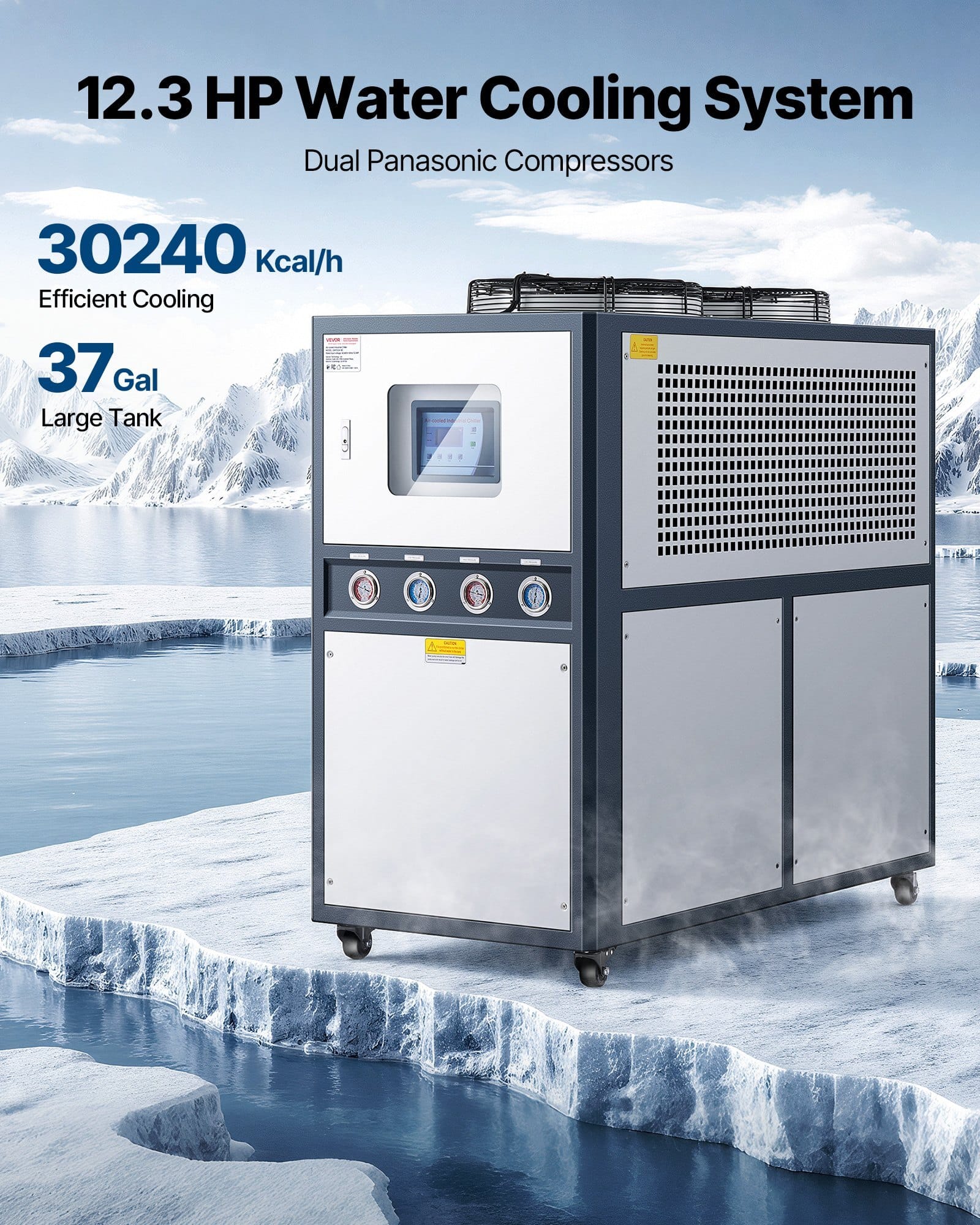 Air-Cooled Water Chiller, 12.3 HP, Industrial Water Chiller with 30,240 Kcal/h Cooling Capacity, Dual Compressor, 37 Gal Large Tank, LED Display, Cooler for Cooling Water, Not Air Conditioner