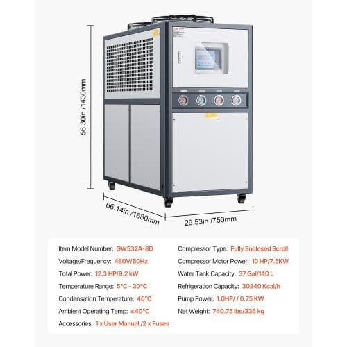Air-Cooled Water Chiller, 12.3 HP, Industrial Water Chiller with 30,240 Kcal/h Cooling Capacity, Dual Compressor, 37 Gal Large Tank, LED Display, Cooler for Cooling Water, Not Air Conditioner