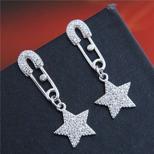 Cubic Zirconia Embellished Star Pendant Pin Design Unique Fashion Women Copper Earrings - Silver