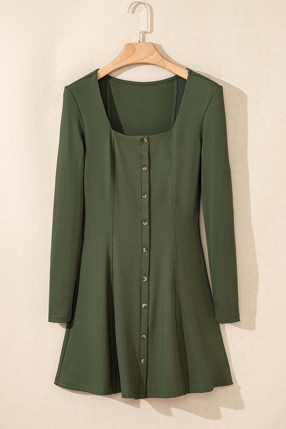 Guacamole Green Rib Knit Square Neck Buttoned Long Sleeve Mini Dress