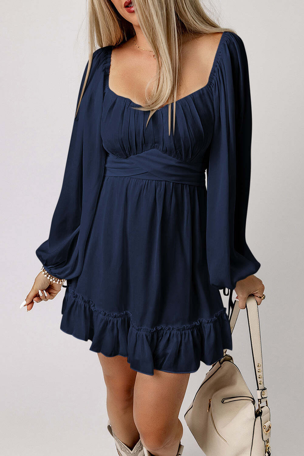 Blue White Plain Ruffled High Waist Square Neck Mini Dress