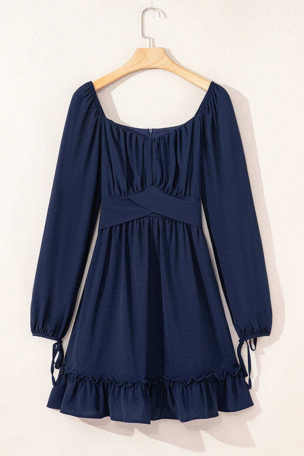 Blue White Plain Ruffled High Waist Square Neck Mini Dress