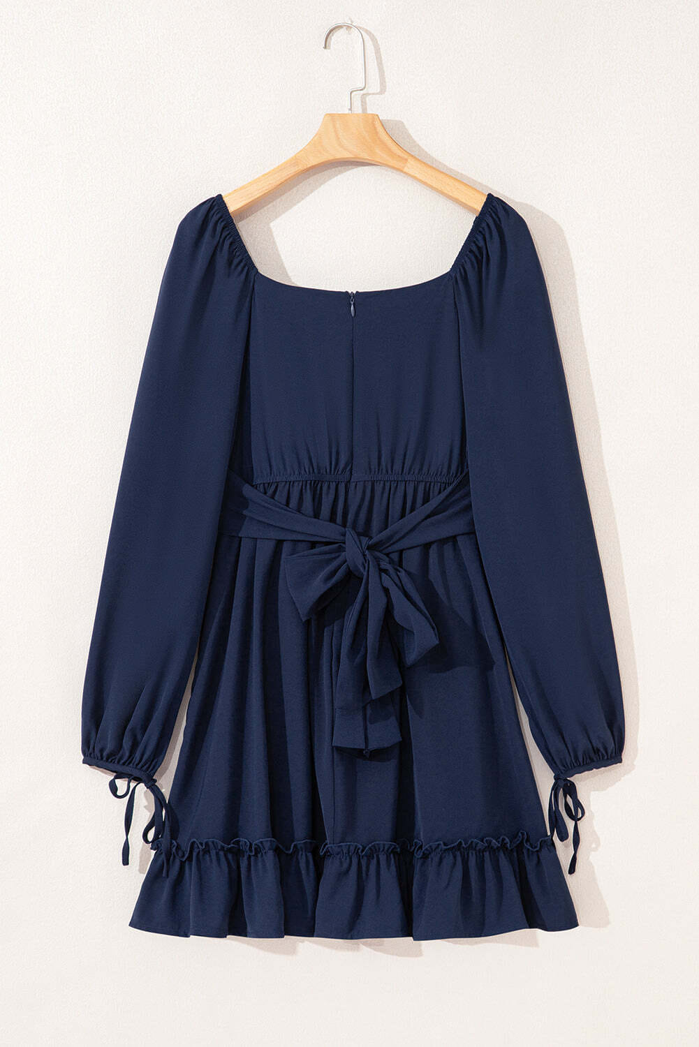 Blue White Plain Ruffled High Waist Square Neck Mini Dress