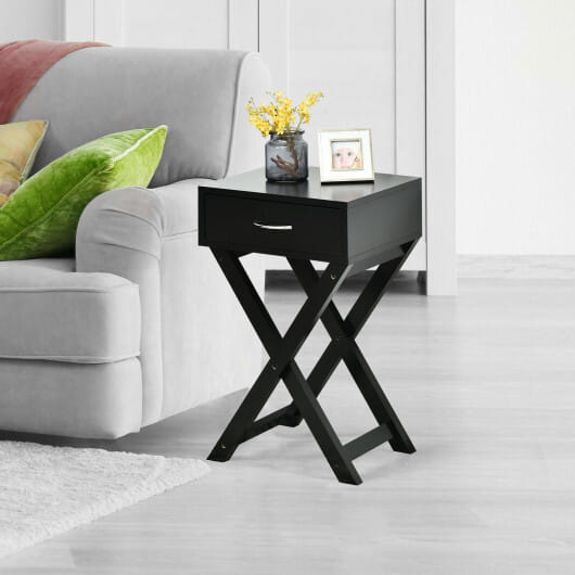 Design Sofa Side Table with X-Shape Drawer for Living Room Bedroom-White