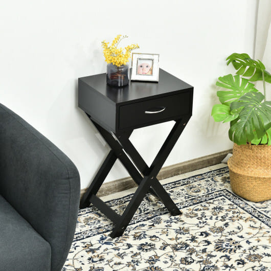 Design Sofa Side Table with X-Shape Drawer for Living Room Bedroom-White