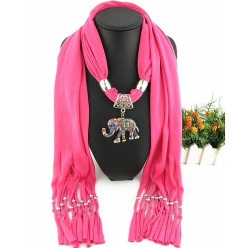 Colorful Gems Inlaid Elephant Pendant Fashion Scarf Necklace - Rose