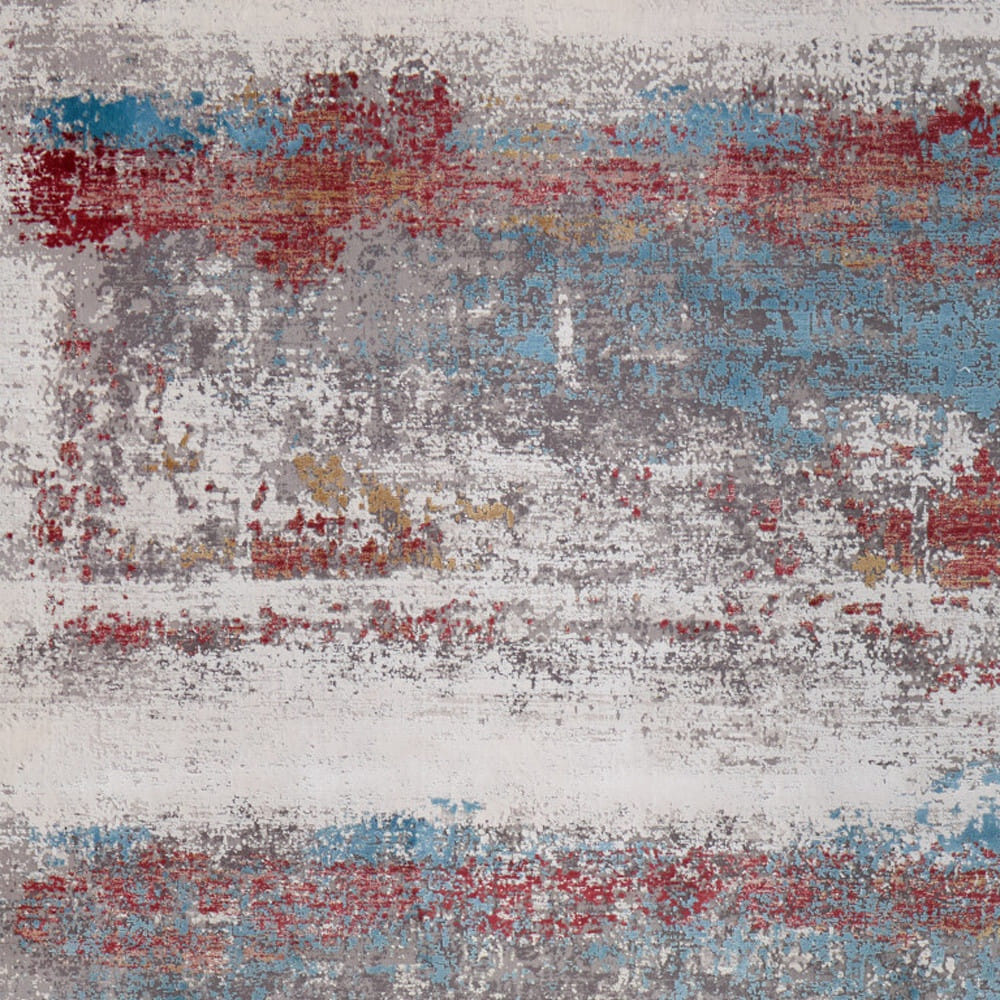 10' X 13' Gray Blue and Red Abstract Power Loom Area Rug With Fringe